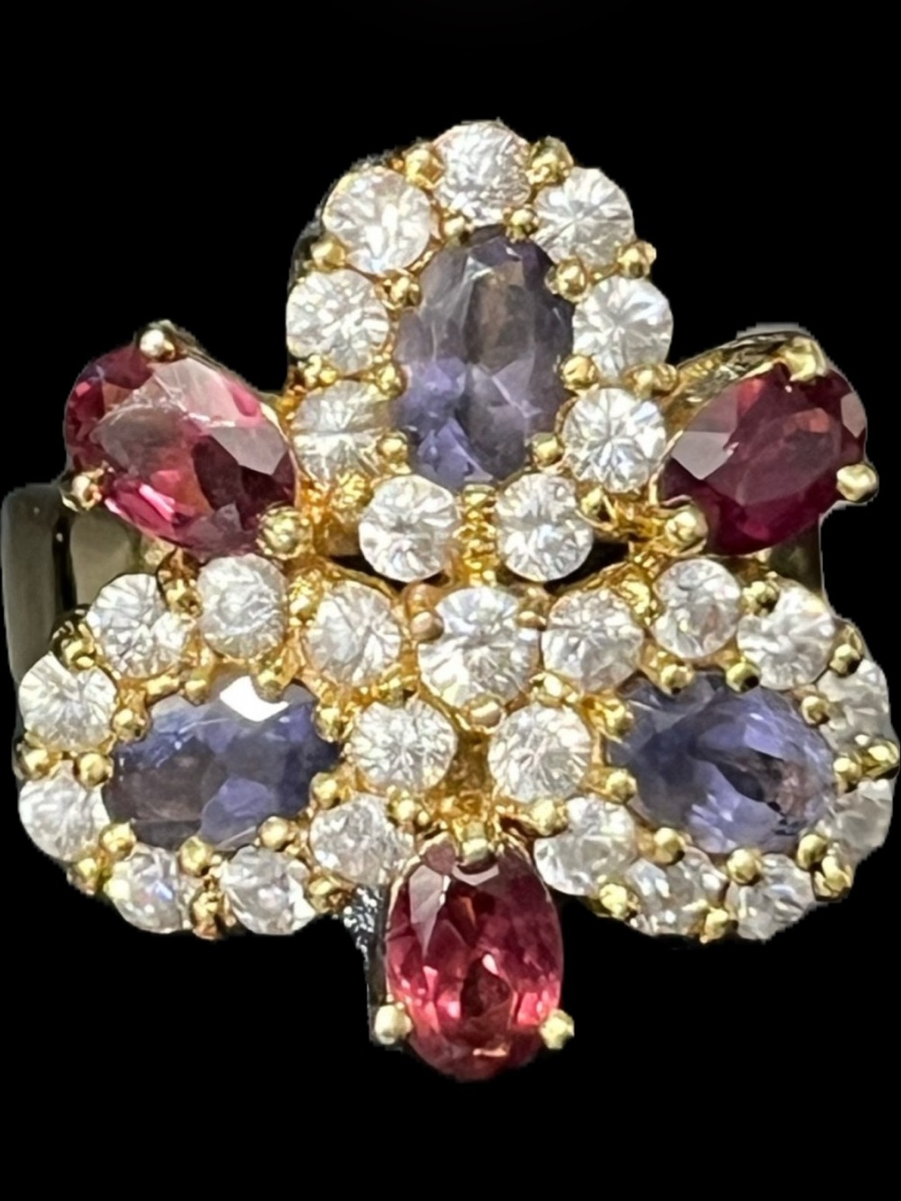 Suzanne Somers vintage REAL Rhodolite iolite gemstone cocktail statement CZ ring